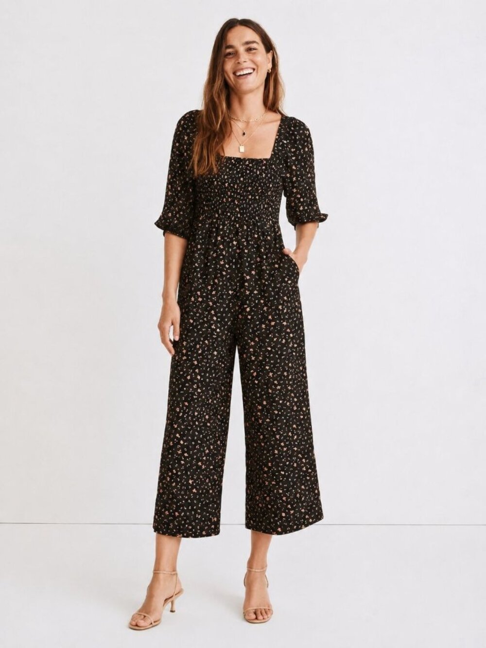 Madewell Lucie Elbow-Sleeve Smocked Wide-Leg Floral Jumpsuit Black Size 10
